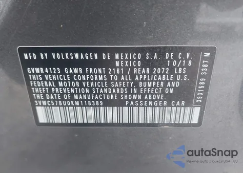 2019 Volkswagen Jetta 1.4T R-Line/1.4T S/1.4T Se из США, поврежденный, VIN 3VWC57BU0KM118389